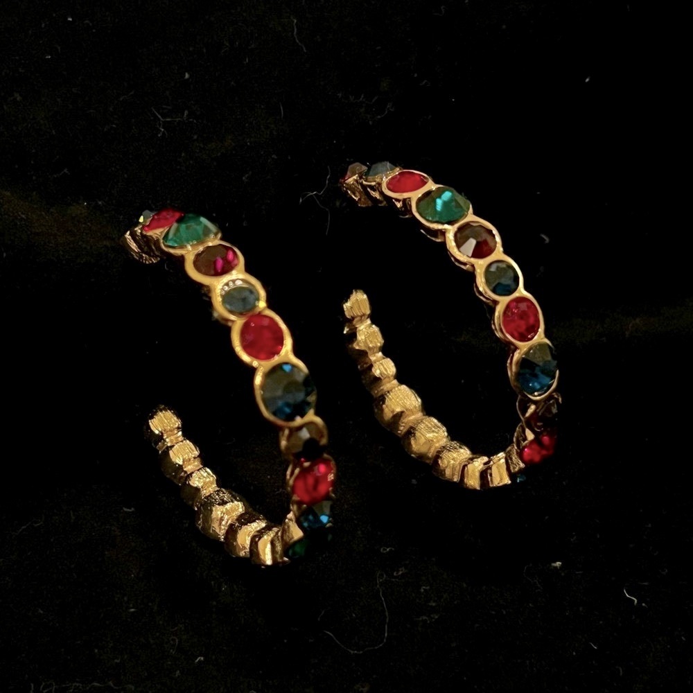 Vintage KJL Multicolored crystal 2” hoop pierced earrings in gold setting, NWOT